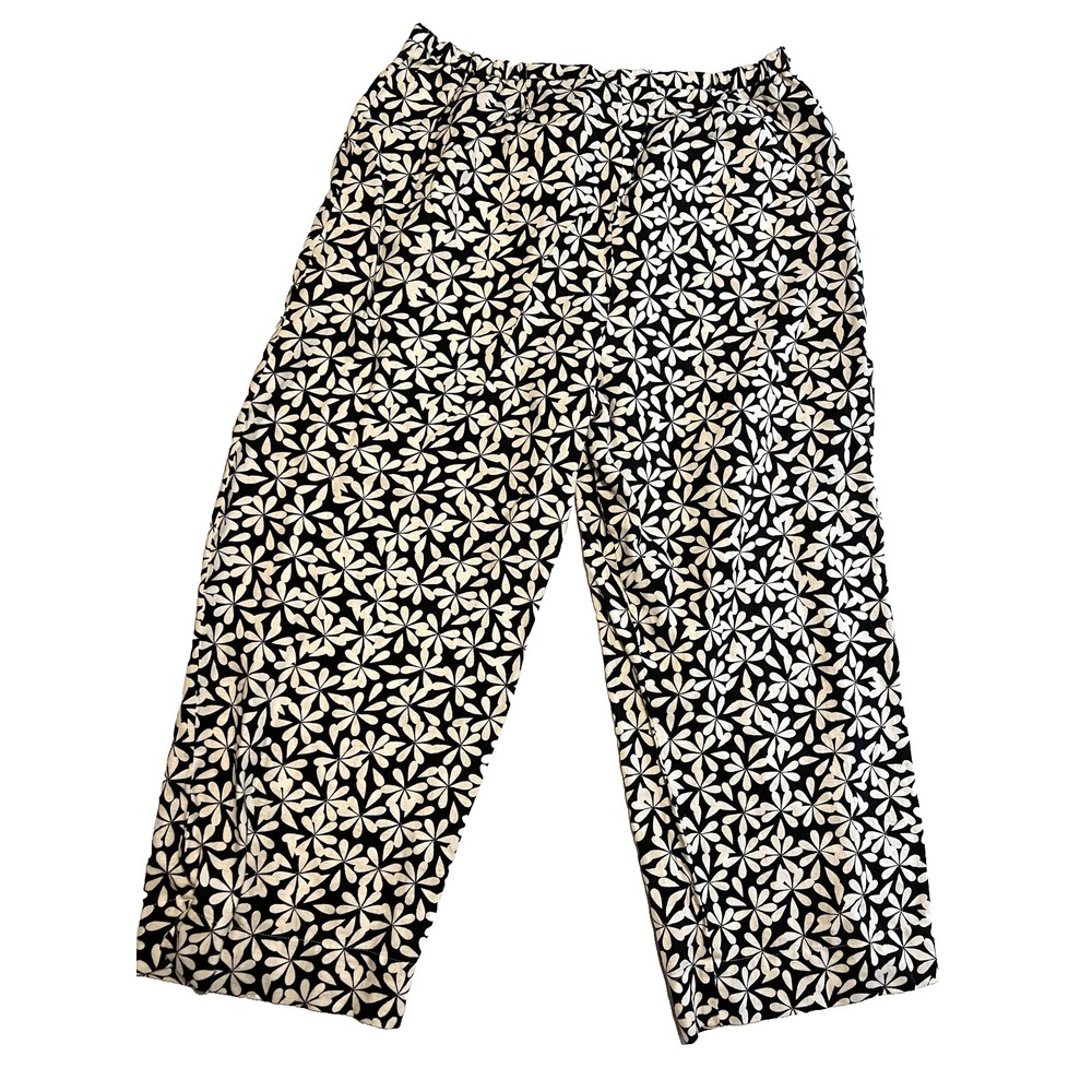 Laura Ashley Pants Womens 12 Black White Linen Floral Print Pull On Wide Leg